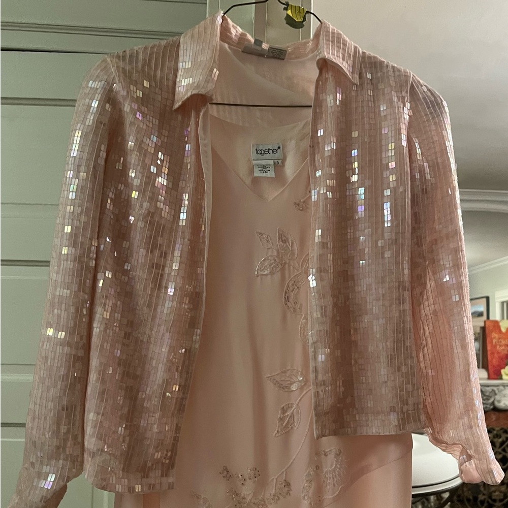 Floor length pale pink beaded evening gown with sequined jacket-size 8-gorgeous!